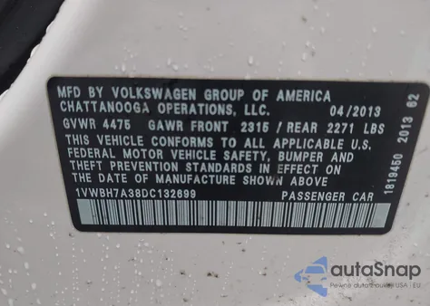 2013 Volkswagen Passat 2.5L Se from USA, damaged, VIN 1VWBH7A38DC132699